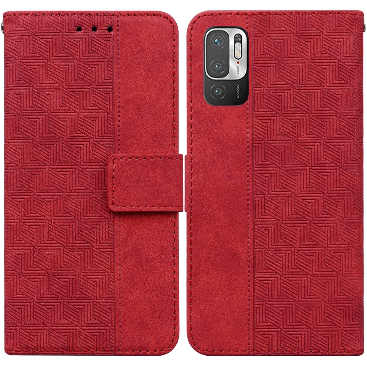Red geometric embossed leather-style phone case with flip cover and camera cutout