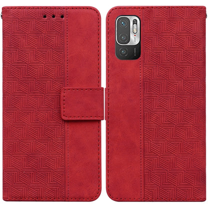 Red geometric embossed leather-style phone case with flip cover and camera cutout