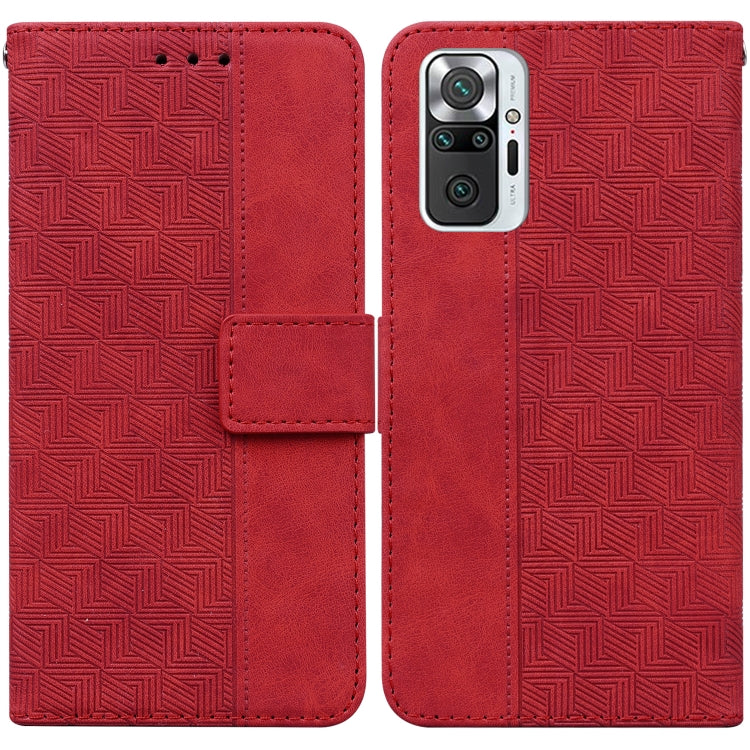 Red geometric embossed leather wallet phone case with magnetic flap and card slot