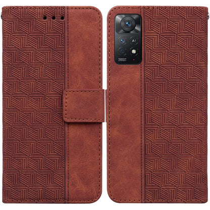 Brown geometric embossed leather wallet phone case with magnetic flap and card slot