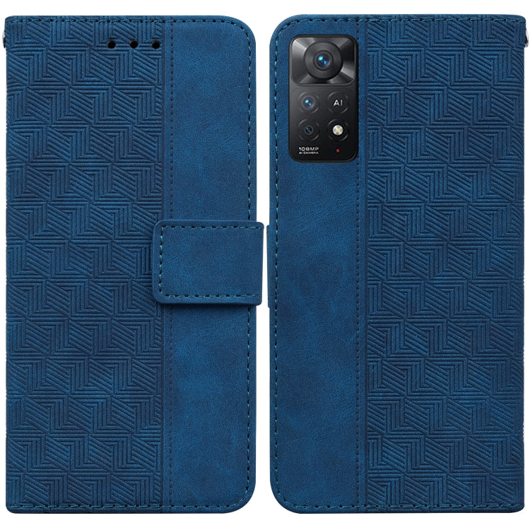 Blue geometric embossed leather wallet phone case with magnetic flap and card slot
