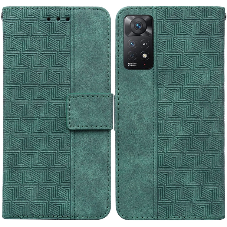 Green geometric embossed leather wallet phone case with magnetic flap and card slot