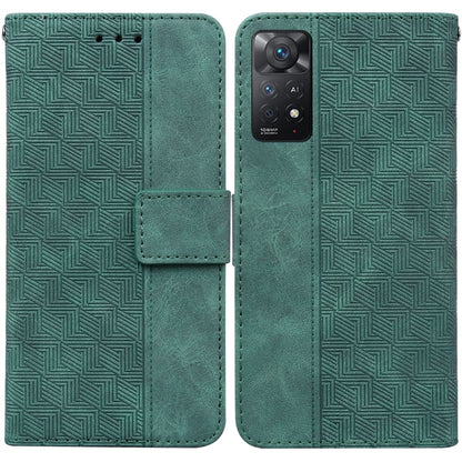 Green geometric embossed leather wallet phone case with magnetic flap and card slot