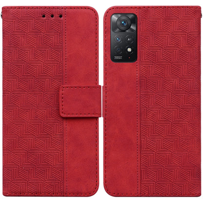 Red geometric embossed leather phone case with folio flap and camera cutout
