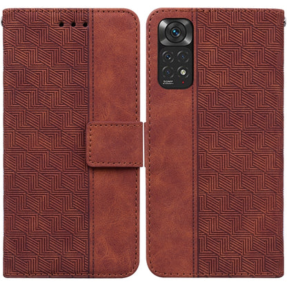 Brown geometric embossed leather phone case with folio flap and camera cutout
