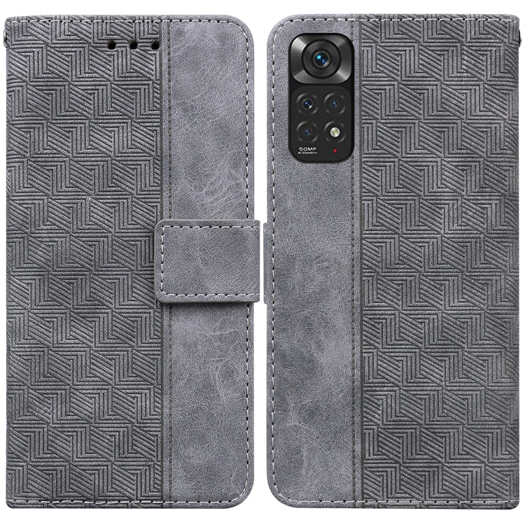Grey geometric embossed leather phone case with folio flap and camera cutout