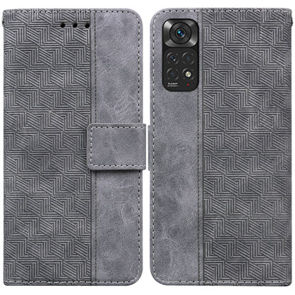 Grey geometric embossed leather phone case with folio flap and camera cutout