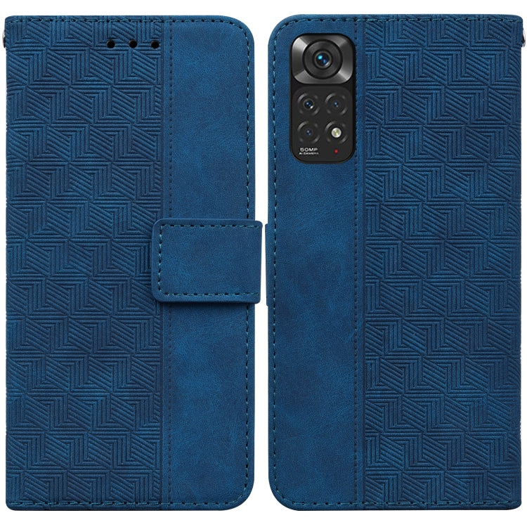 Blue geometric embossed leather phone case with folio flap and camera cutout