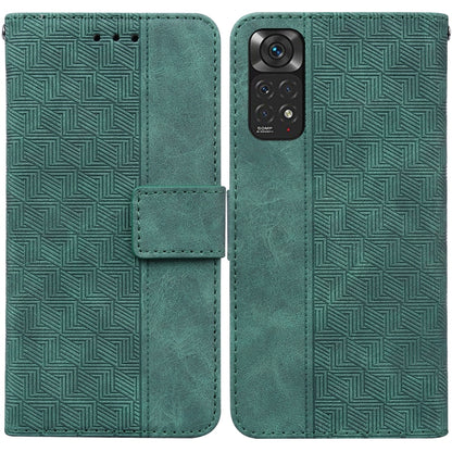 Green geometric embossed leather phone case with folio flap and camera cutout