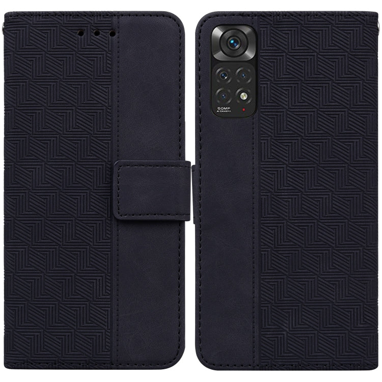 Dark geometric embossed leather phone case with folio flap and camera cutout