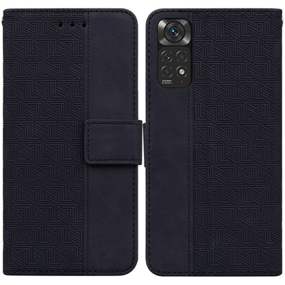 Dark geometric embossed leather phone case with folio flap and camera cutout