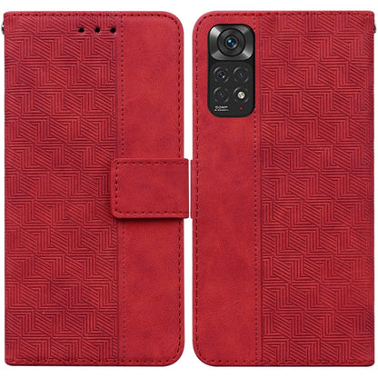 Red geometric embossed leather phone case with folio flap and camera cutout