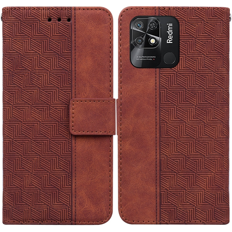 Brown geometric embossed leather phone case with folio flap, camera window