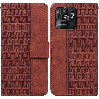 Brown geometric embossed leather phone case with folio flap, camera window