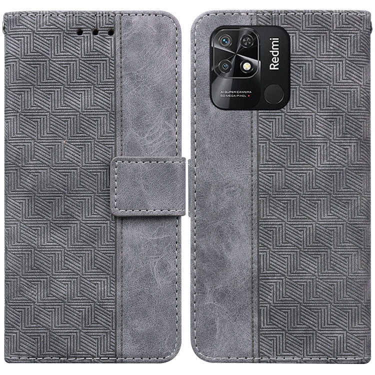 Grey geometric embossed leather phone case with folio flap, camera window
