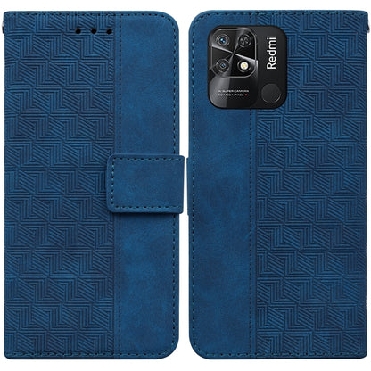Blue geometric embossed leather wallet phone case with flip cover and camera cutout