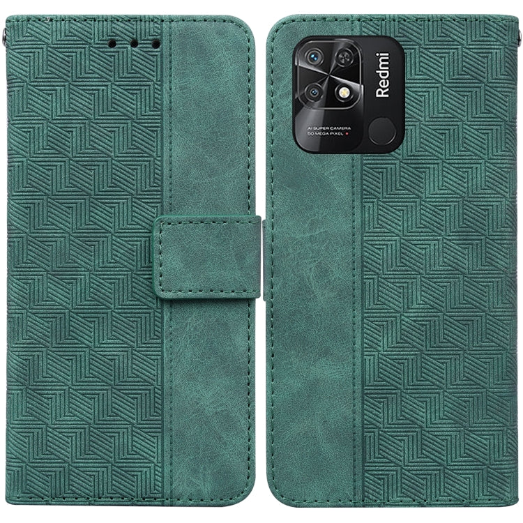 Green geometric embossed leather wallet phone case with flip cover and camera cutout