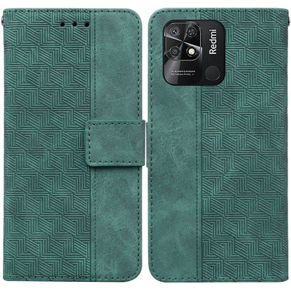 Green geometric embossed leather wallet phone case with flip cover and camera cutout