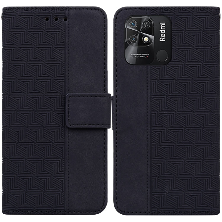 Dark geometric embossed leather wallet phone case with flip cover and camera cutout