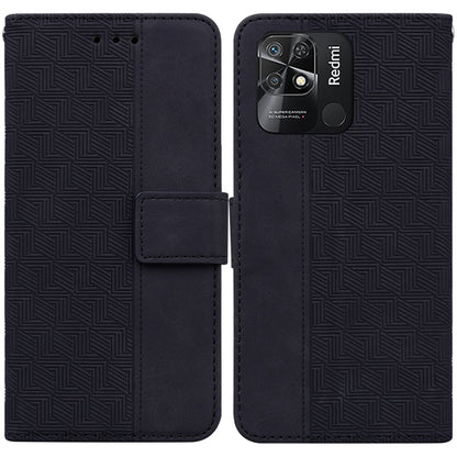 Dark geometric embossed leather wallet phone case with flip cover and camera cutout