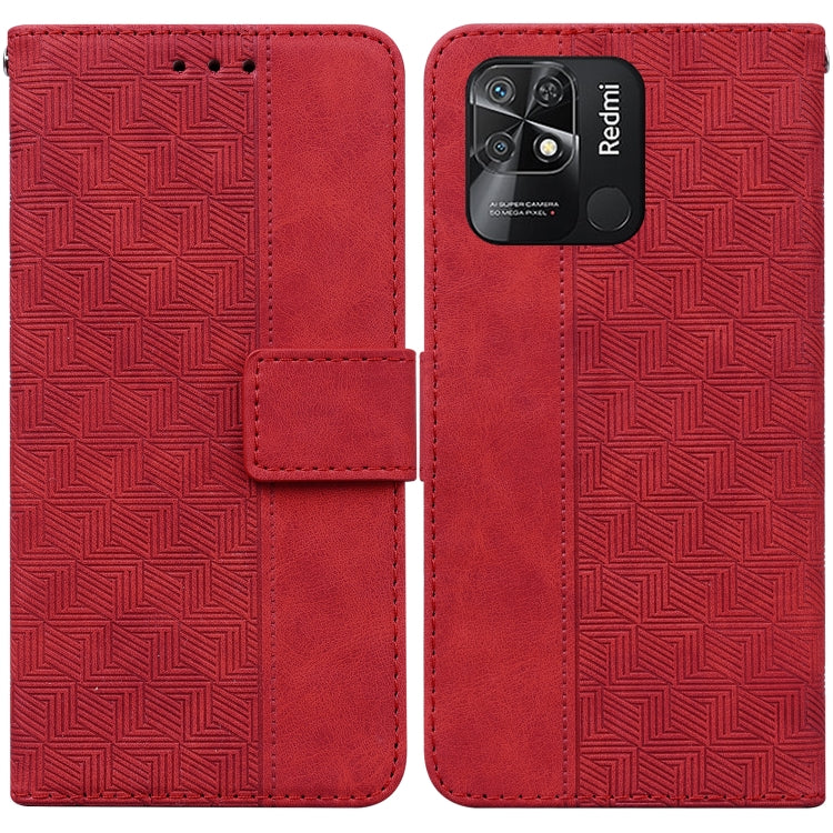 Red geometric embossed leather wallet phone case with flip cover and camera cutout