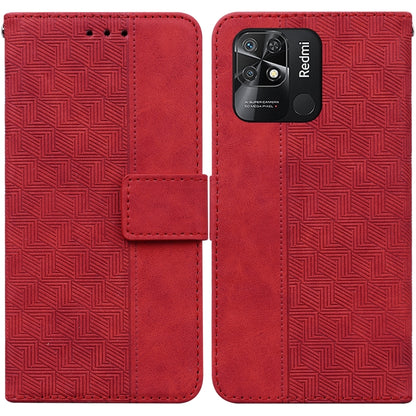 Red geometric embossed leather wallet phone case with flip cover and camera cutout