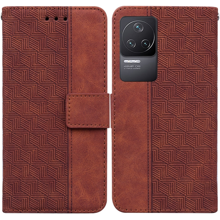 Brown geometric embossed leather wallet phone case with flip cover and camera cutout