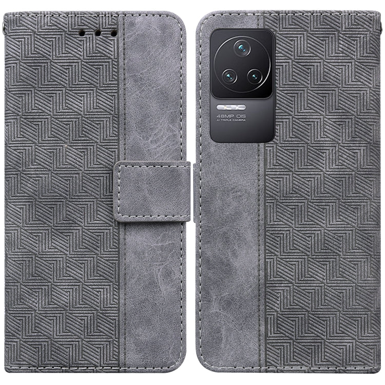 Grey geometric embossed leather wallet phone case with flip cover and camera cutout