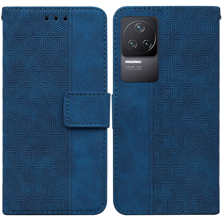 Blue geometric embossed leather phone case with folio strap and camera window