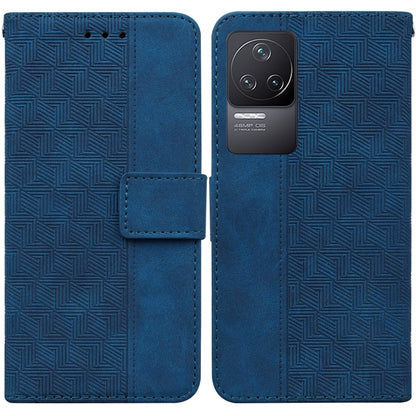 Blue geometric embossed leather phone case with folio strap and camera window