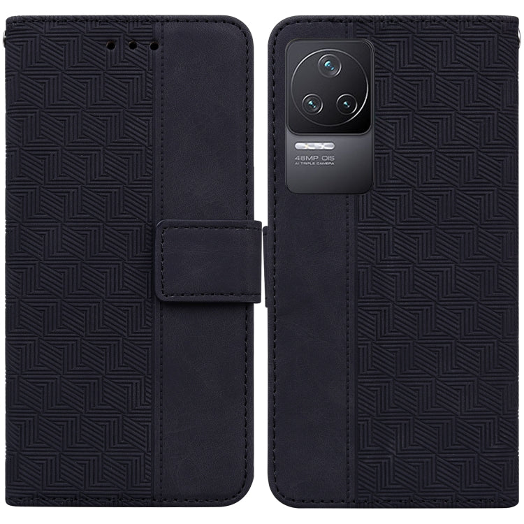 Black geometric embossed leather phone case with folio strap and camera window