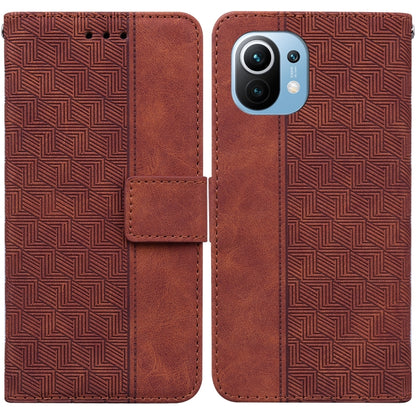 Brown geometric embossed leather wallet phone case with flip strap and card slot