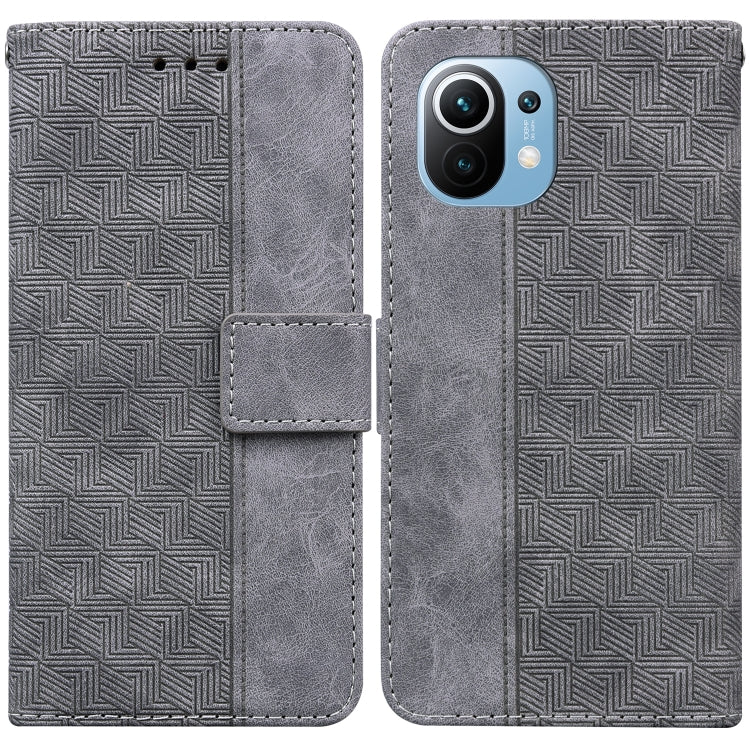 Grey geometric embossed leather wallet phone case with flip strap and card slot