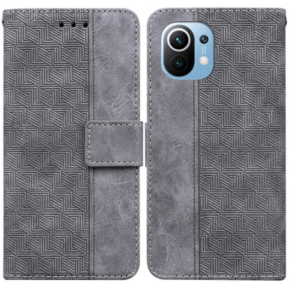 Grey geometric embossed leather wallet phone case with flip strap and card slot