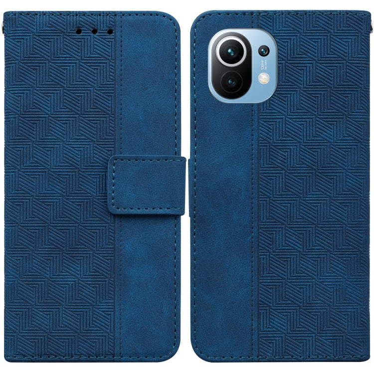Blue geometric embossed leather wallet phone case with flip strap and card slot
