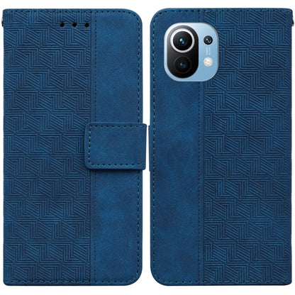 Blue geometric embossed leather wallet phone case with flip strap and card slot