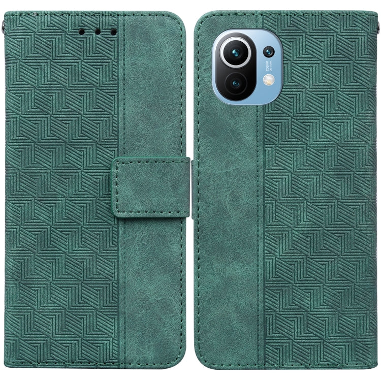 Green geometric embossed leather wallet phone case with flip strap and card slot