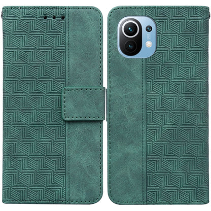 Green geometric embossed leather wallet phone case with flip strap and card slot