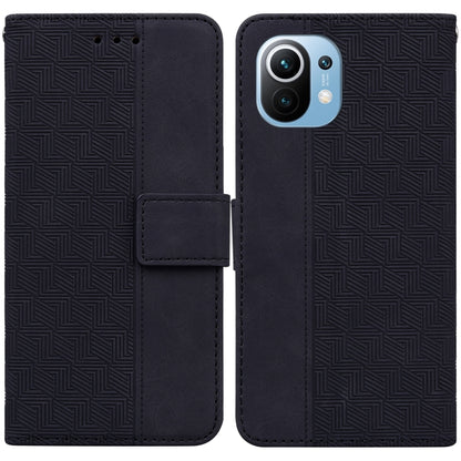 Black geometric embossed leather wallet phone case with flip strap and card slot