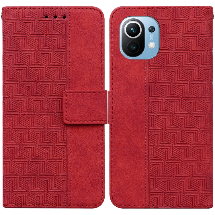 Red geometric embossed leather wallet phone case with flip strap and card slot
