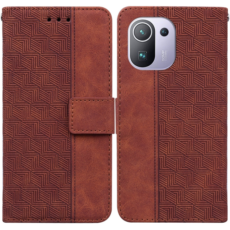Brown geometric embossed leather phone case with card slot and magnetic flap