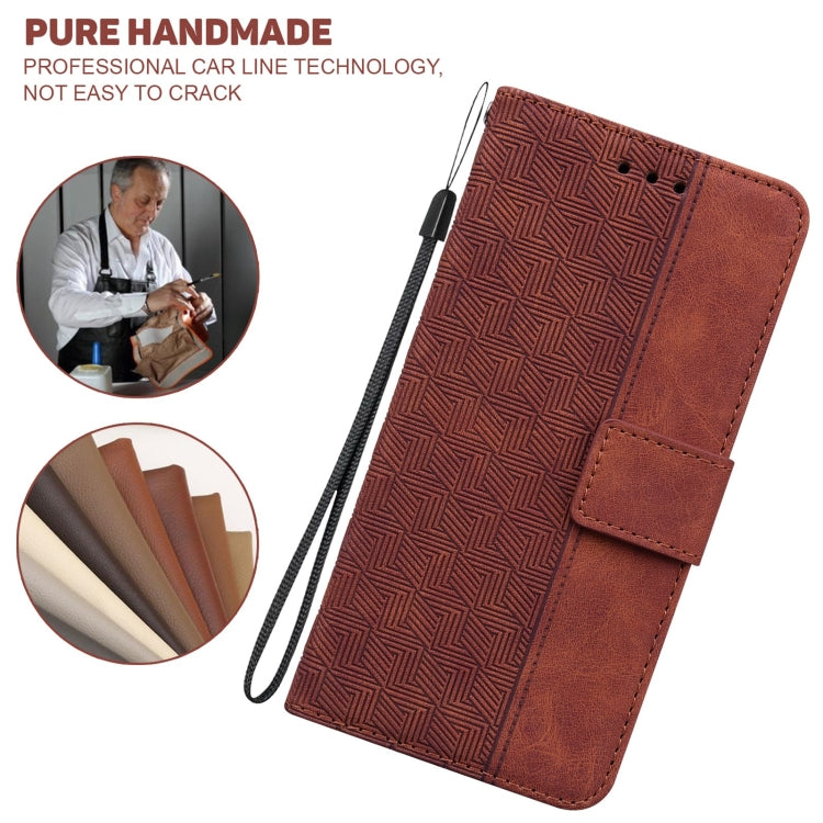 Brown geometric embossed leather phone case with wrist strap and card pocket