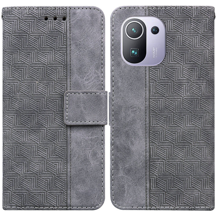 Grey geometric embossed leather phone case with card slot and magnetic flap
