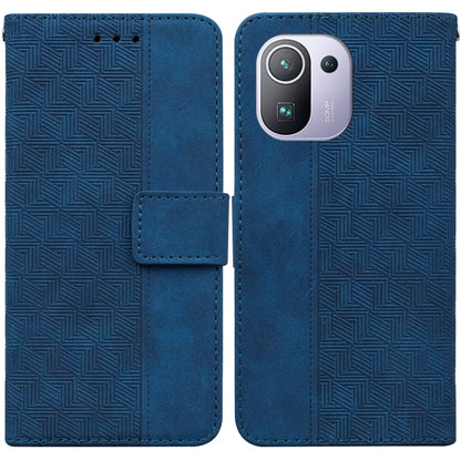 Blue geometric embossed leather phone case with card slot and magnetic flap