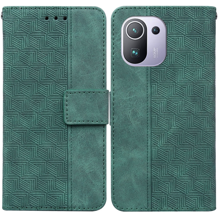 Green geometric embossed leather phone case with card slot and magnetic flap
