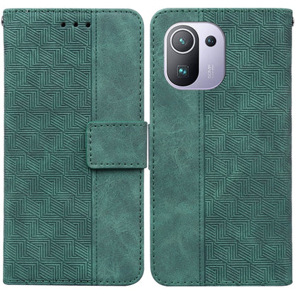 Green geometric embossed leather phone case with card slot and magnetic flap