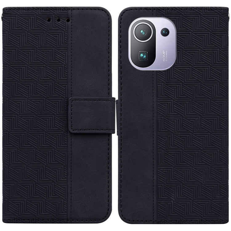 Geometric embossed leather phone case, dark navy folio with magnetic strap and card slot