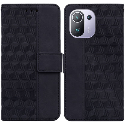 Geometric embossed leather phone case, dark navy folio with magnetic strap and card slot