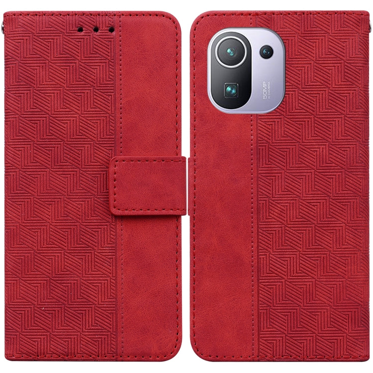 Geometric embossed leather phone case, red folio with magnetic strap and camera cutout