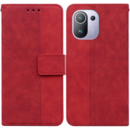 Geometric embossed leather phone case, red folio with magnetic strap and camera cutout